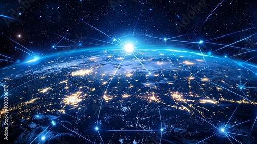 Earth at Night with Interconnected Blue Lines Representing Global Connectivity