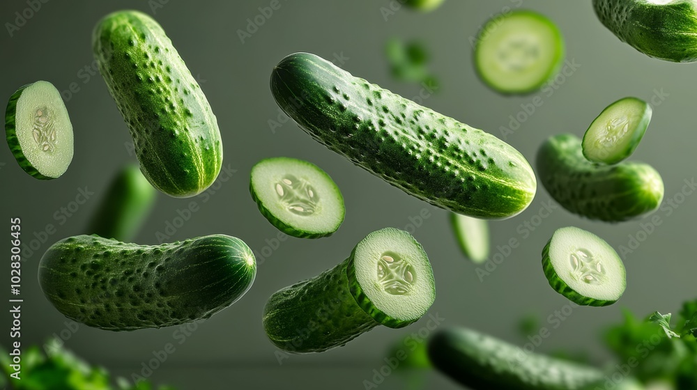 Crisp, fresh cucumbers, whole and sliced, floating in the air. These cucumbers are perfect for pickling or eating fresh. The image includes easy-to-use outlines for editing. Crisp, fresh cucumbers, whole and sliced, floating in the air. These cucumbers are perfect for pickling or eating fresh. The image includes easy-to-use outlines for editing.