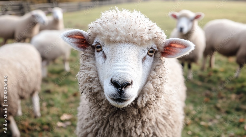 A fluffy white sheep looks directly at the camera with a group of sheep in the background. A fluffy white sheep looks directly at the camera with a group of sheep in the background.