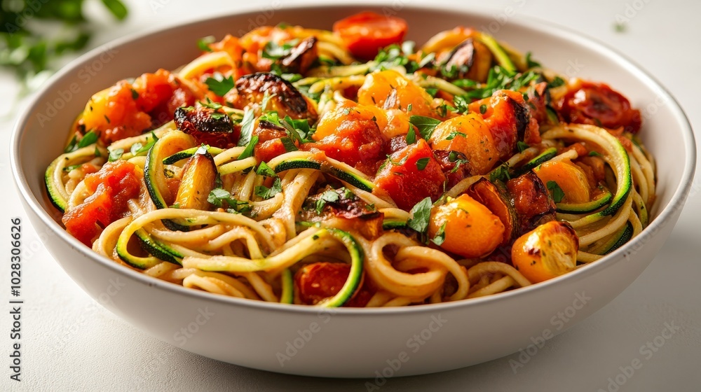 Colorful Vegan Pasta Bowl with Zucchini and Tomatoes Colorful Vegan Pasta Bowl with Zucchini and Tomatoes