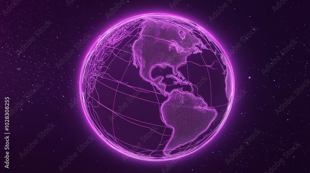A simple, outlined drawing of the Earth, looking like a futuristic, 80s style computer graphic. A simple, outlined drawing of the Earth, looking like a futuristic, 80s style computer graphic.