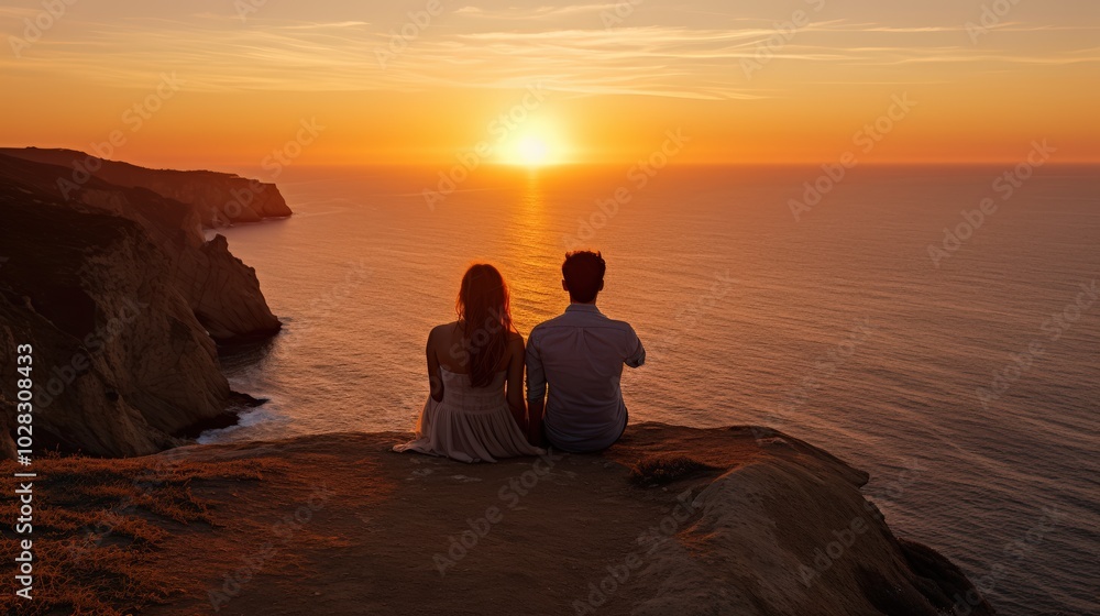 A couple sharing a romantic moment as they watch the sunset from a seaside cliff A couple sharing a romantic moment as they watch the sunset from a seaside cliff