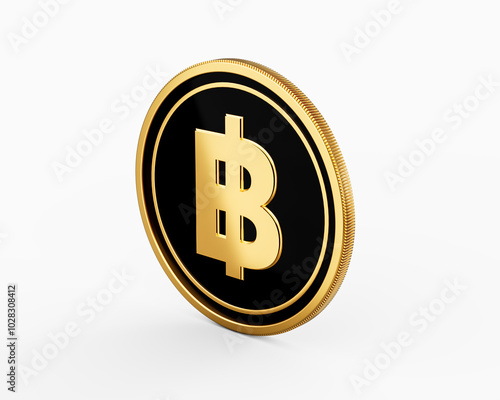 Shiny Golden And Black Rounded Thailand Baht Coin Isolated On White Background 3d Illustration