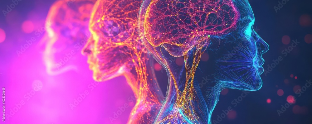 Stylized human figures showing nervous systems, radiant colors close up, focus on, copy space glowing tones, Double exposure silhouette with anatomy and neural pathways Stylized human figures showing nervous systems, radiant colors close up, focus on, copy space glowing tones, Double exposure silhouette with anatomy and neural pathways
