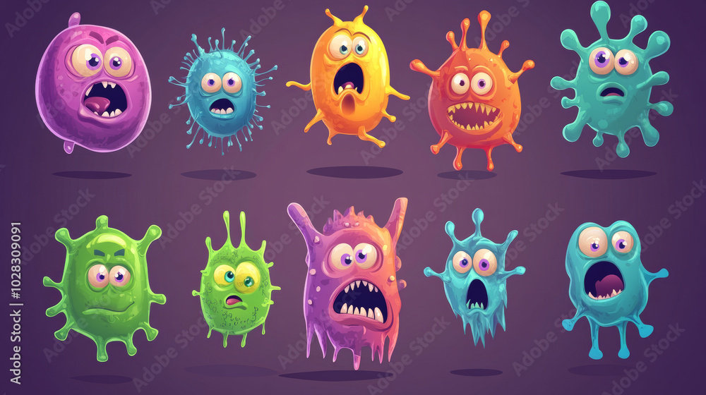A cartoon set of microbes and viruses, featuring germs with funny faces. This collection includes bacteria and disease virus mascots, designed as playful pathogen microorganisms in vector style.
A cartoon set of microbes and viruses, featuring germs with funny faces. This collection includes bacteria and disease virus mascots, designed as playful pathogen microorganisms in vector style.