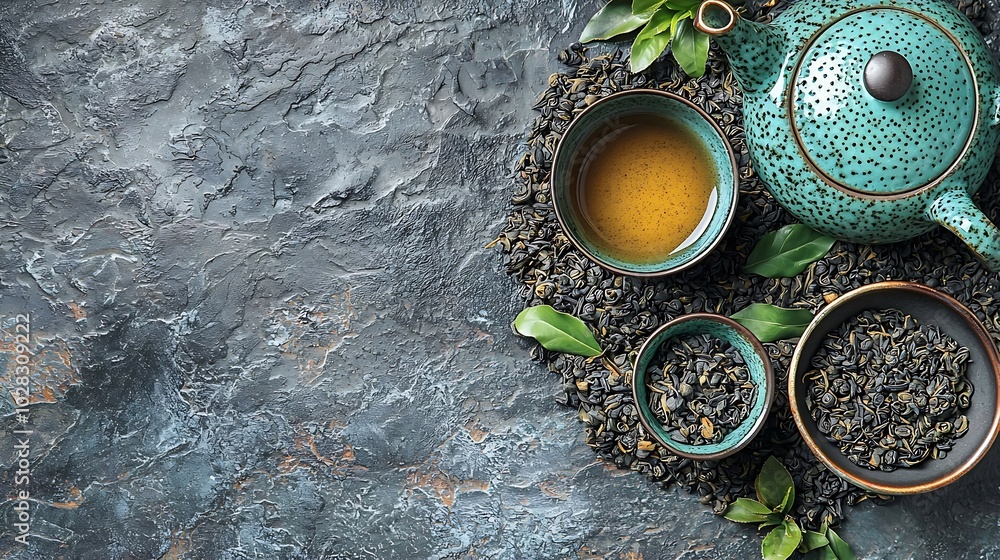 Green tea in tea pot and bowls cups on slate background Top view : Generative AI Green tea in tea pot and bowls cups on slate background Top view : Generative AI