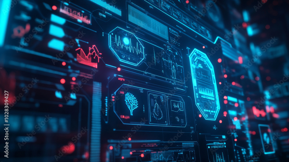 Modern healthcare uses digital technology to improve treatments. This image shows a futuristic blue background with medical symbols, representing the use of high-tech tools in medicine. Modern healthcare uses digital technology to improve treatments. This image shows a futuristic blue background with medical symbols, representing the use of high-tech tools in medicine.