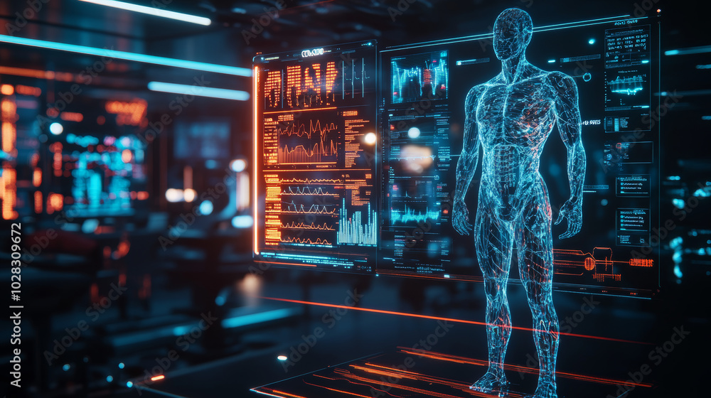 A futuristic concept of a digital health interface using holograms. It shows data charts, communication tools, and computing power, all connected to the human body for advanced health care. A futuristic concept of a digital health interface using holograms. It shows data charts, communication tools, and computing power, all connected to the human body for advanced health care.