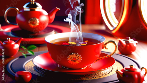 cup of tea with teapot and cup  and fumer with red colour.