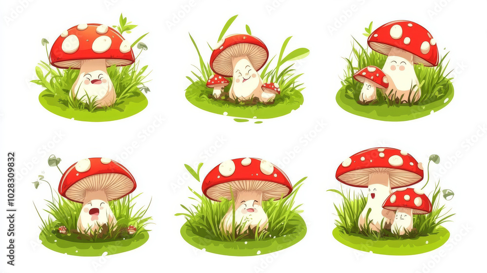 Vector set of round green grassy frames featuring cartoon images of funny, mischievous, and happy amanita mushrooms with red-and-white hats and white stripes, displaying various actions and emotions a Vector set of round green grassy frames featuring cartoon images of funny, mischievous, and happy amanita mushrooms with red-and-white hats and white stripes, displaying various actions and emotions a