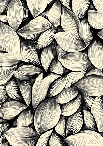 The image is a black and white drawing of leaves with a lot of detail