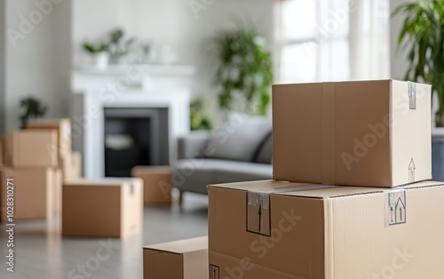 Packed cardboard boxes and furniture indoors, perfect for a moving day concept with copy space for text or logos 