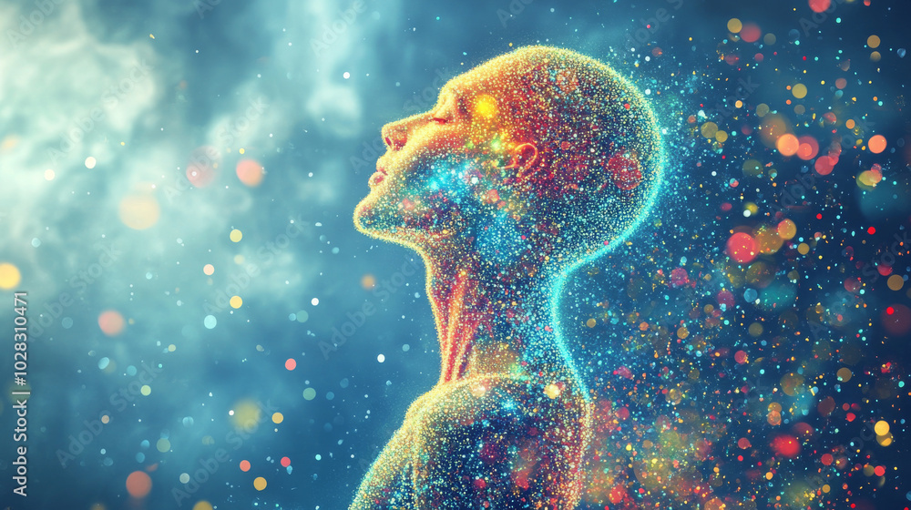 A colorful, abstract picture of the human body. It's made up of glowing dots on a blue background. A colorful, abstract picture of the human body. It's made up of glowing dots on a blue background.