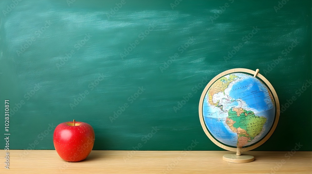 Educator's Desk with Global Elements and Chalkboard Backdrop,Digital 3D