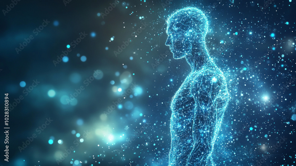 A digital artwork shows a man standing, made up of glowing blue dots. It's a modern and abstract way to represent the human body, and it could be used for science or medical topics. A digital artwork shows a man standing, made up of glowing blue dots. It's a modern and abstract way to represent the human body, and it could be used for science or medical topics.