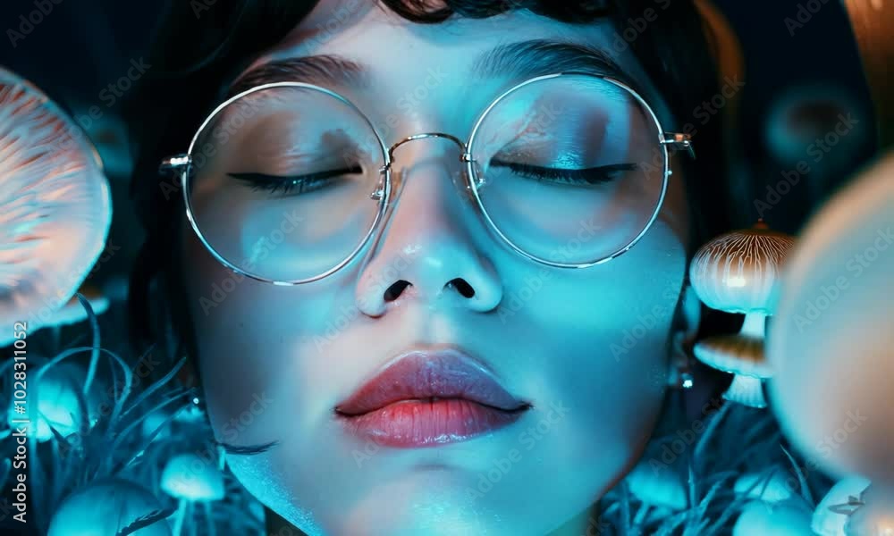 A girl experiences psychedelic sensations from medicinal mushrooms A girl experiences psychedelic sensations from medicinal mushrooms
