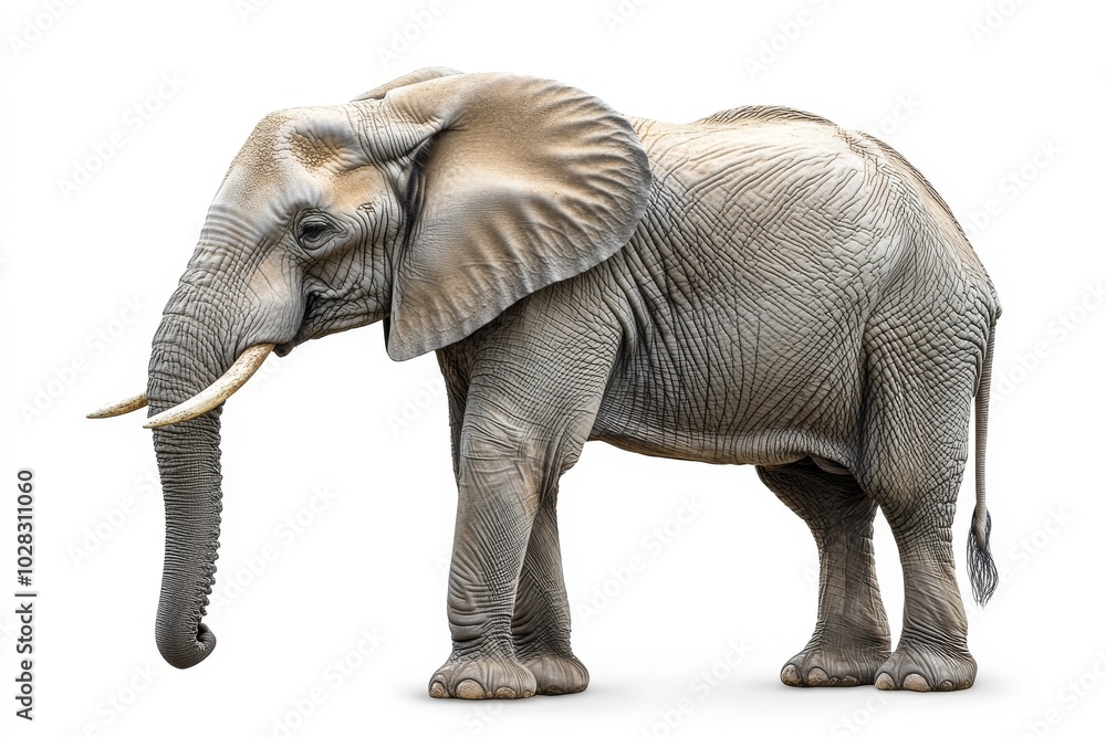 Obraz premium A large African elephant stands on a white background, its trunk extended and its ears flapping.