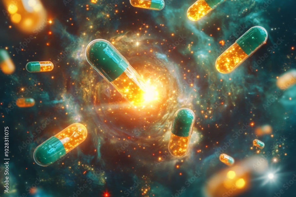 Colorful capsules drifting through a cosmic scene. This image blends science and imagination, illustrating health and wellness in a conceptual style. Generative AI Colorful capsules drifting through a cosmic scene. This image blends science and imagination, illustrating health and wellness in a conceptual style. Generative AI