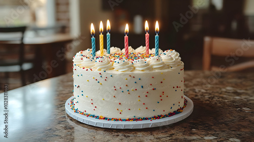 Birthday Cake with Colorful Sprinkles and Candles - Photo