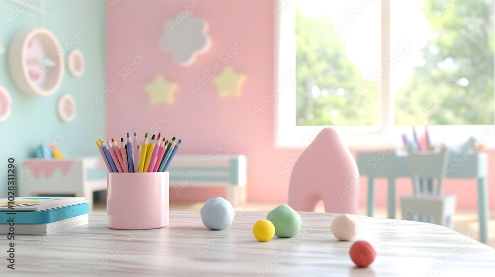 Scattered Art Supplies on a Child's Desk,3D Scattered Art Supplies on a Child's Desk,3D
