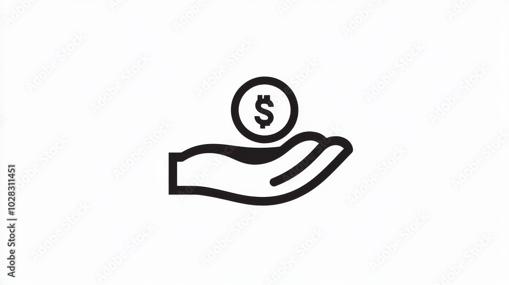 A simple, 80s-style line drawing of a hand holding a coin. This icon represents payment and investment. A simple, 80s-style line drawing of a hand holding a coin. This icon represents payment and investment.
