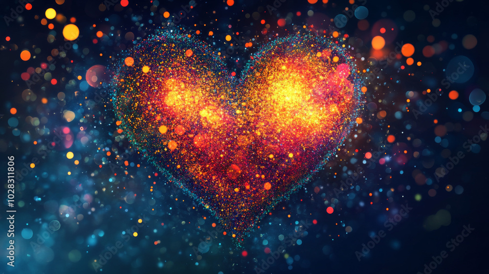A colorful, glowing heart made of sparkling dots. This modern design represents the magic and power of a healthy heart. A colorful, glowing heart made of sparkling dots. This modern design represents the magic and power of a healthy heart.