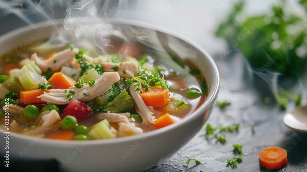 Close-Up of Steaming Chicken Soup in White Bowl on Grey Stone Background Close-Up of Steaming Chicken Soup in White Bowl on Grey Stone Background