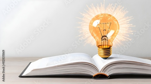 Glowing Lightbulb Above Open Textbook Symbolizing Idea Concept in 3D