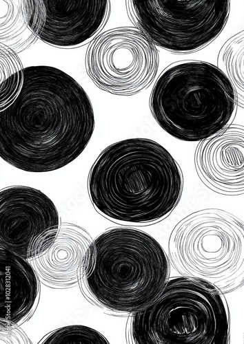 A black and white drawing of circles with a black and white background