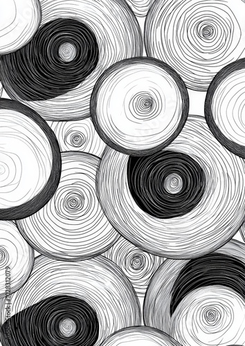 A black and white drawing of circles with a black and white background