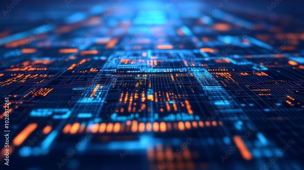 Obraz premium Blockchain transformation hub, virtual holographic display, futuristic cyber cityscape