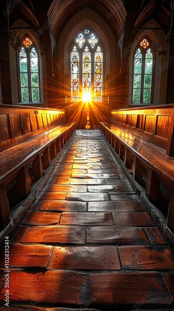 Fototapeta premium Sunlight Streaming Through Stained Glass Windows in a Church