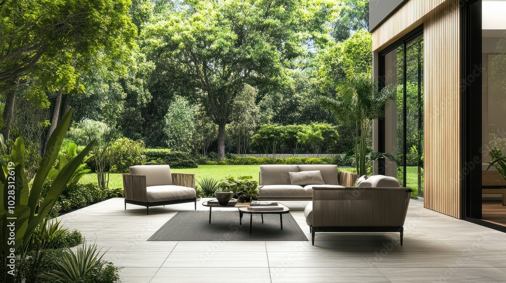 A modern and luxurious outdoor patio with a tranquil garden view A modern and luxurious outdoor patio with a tranquil garden view
