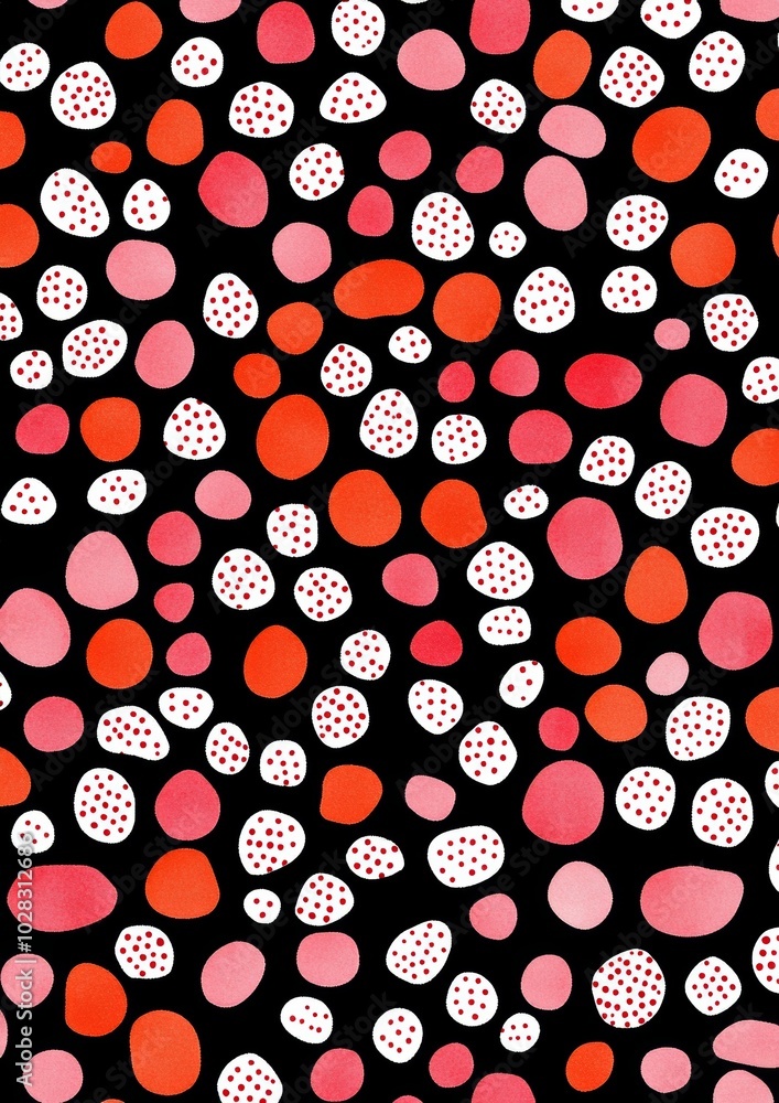 A black and white patterned fabric with red and white dots A black and white patterned fabric with red and white dots