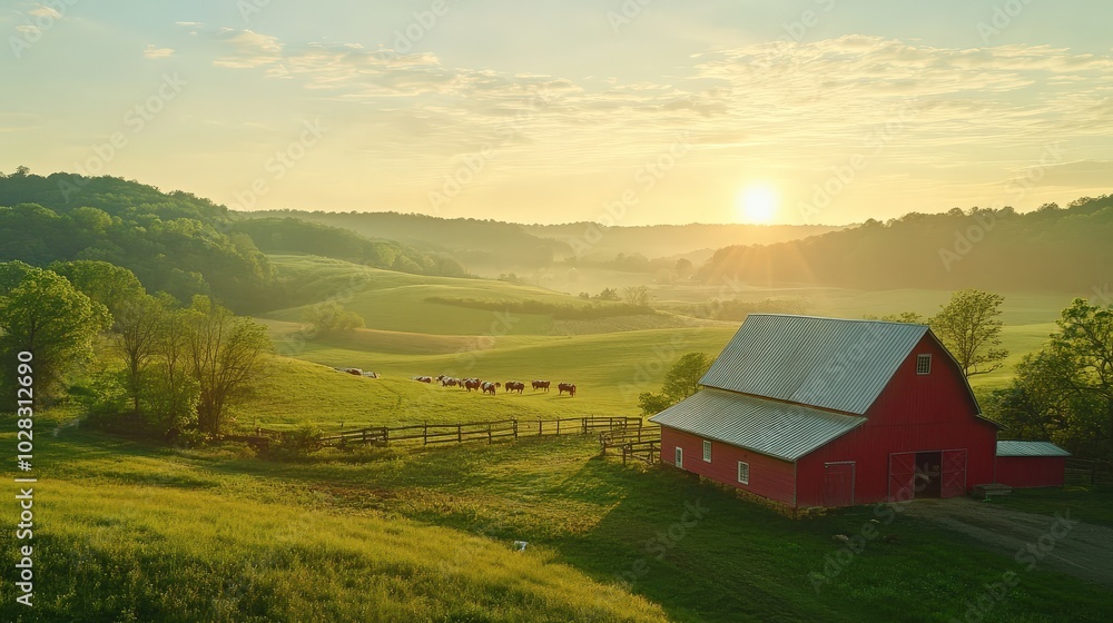American Countryside Aerial View. Rural Farm with Red Barn, Cows Grazing in Pasture American Countryside Aerial View. Rural Farm with Red Barn, Cows Grazing in Pasture