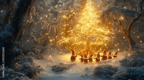 A charming winter forest with cheerful gnomes gathered around a glowing tree, snow shimmering on branches. photo