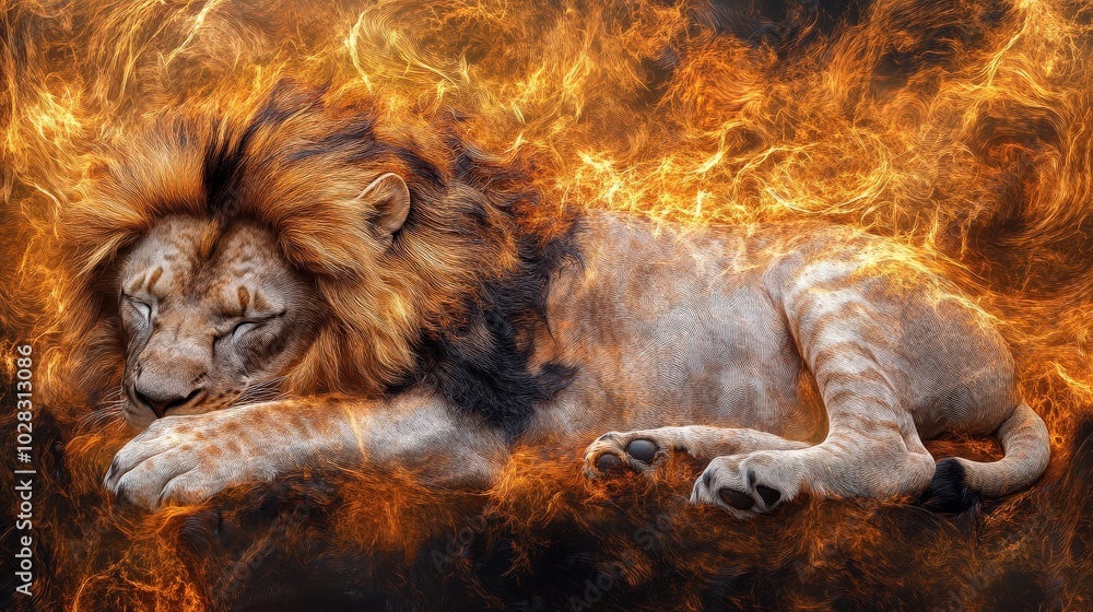 Naklejka premium Animal Kingdom: Majestic Lion in African Wilderness with Artistic Background