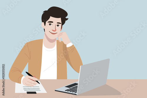 young investor businessman, sitting at table, student man smiling, looking at people. taking note or report, laptop on table., character cartoon vector 