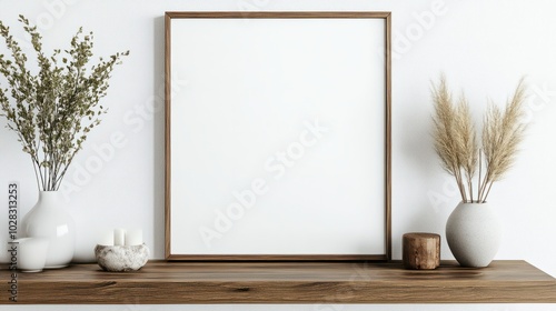 A modern living room with a white wall and a wooden shelf. There is a square empty mock-up poster frame on the shelf.
