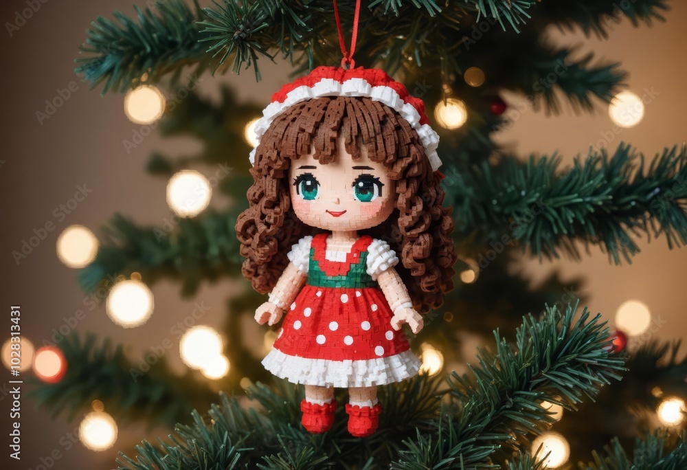 A doll dressed in a red and white polka dot dress standing in front of a decorated Christmas tree at night A doll dressed in a red and white polka dot dress standing in front of a decorated Christmas tree at night