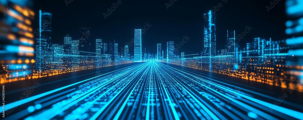 Fototapeta premium Cyber blockchain evolution, holographic data paths, modern tech city, neon blue lights
