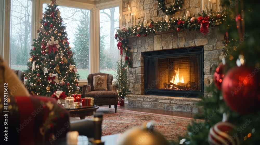 Warm Christmas room with stone fireplace, glowing flames, decorated tree, plush furniture, embodying holiday coziness. Warm Christmas room with stone fireplace, glowing flames, decorated tree, plush furniture, embodying holiday coziness.