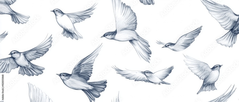 A drawing of many birds flying in the sky A drawing of many birds flying in the sky