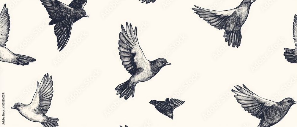 A black and white drawing of birds flying in a pattern A black and white drawing of birds flying in a pattern