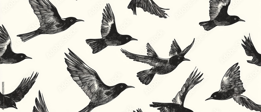 Fototapeta premium A black and white drawing of birds flying in a pattern