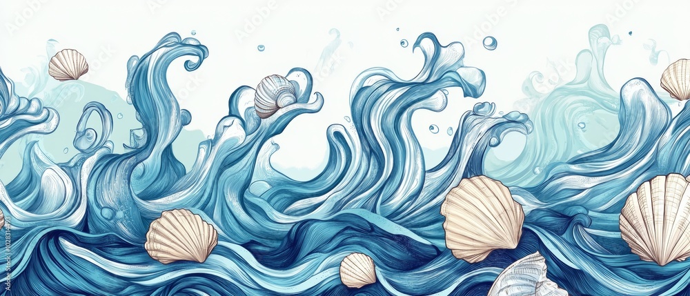 Fototapeta premium A painting of a wave with shells in the water