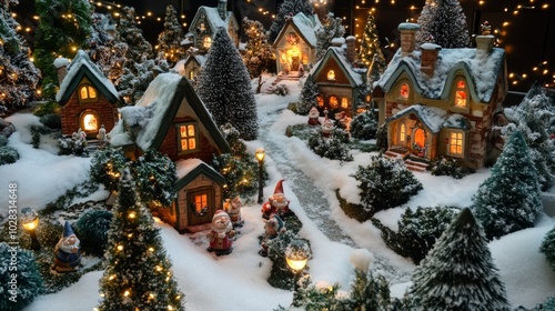 Whimsical gnome village in a snowy garden, with twinkling lights glowing from tiny windows and decorated evergreen trees.