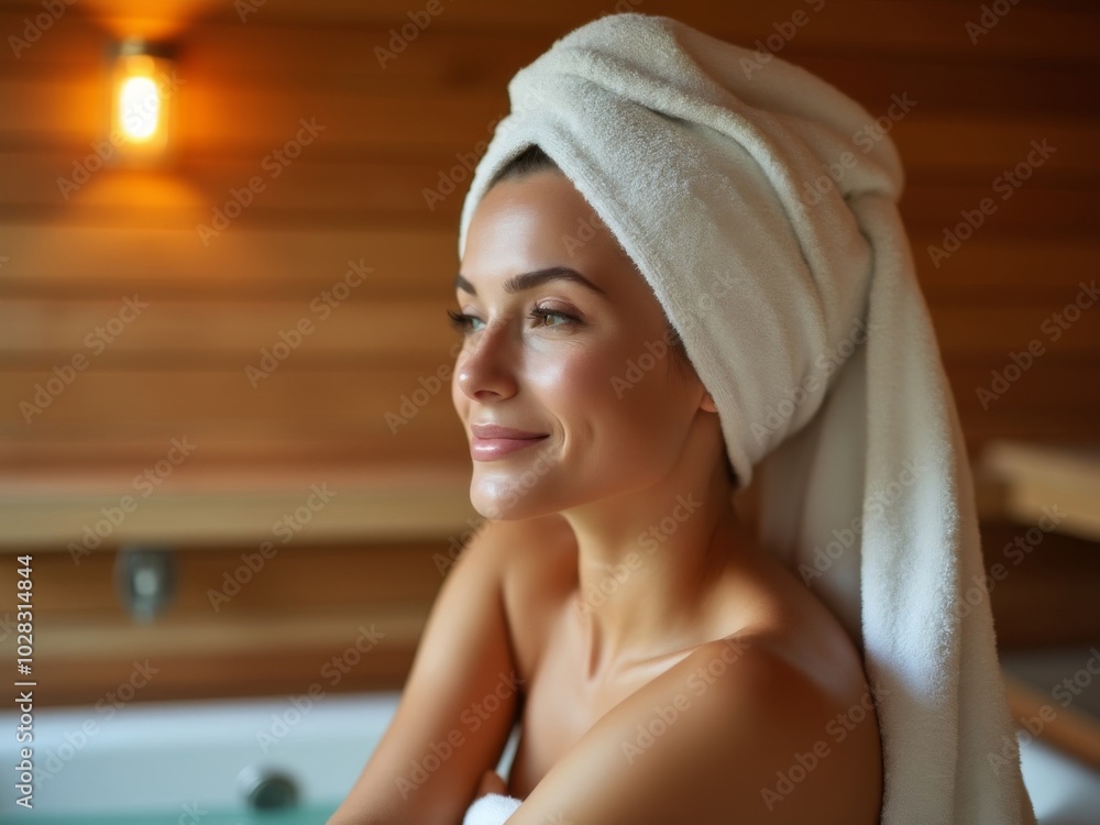 Side view of a woman relaxing in a sauna with a towel wrapped around her head, soft lighting creating a warm and calming spa atmosphere Side view of a woman relaxing in a sauna with a towel wrapped around her head, soft lighting creating a warm and calming spa atmosphere