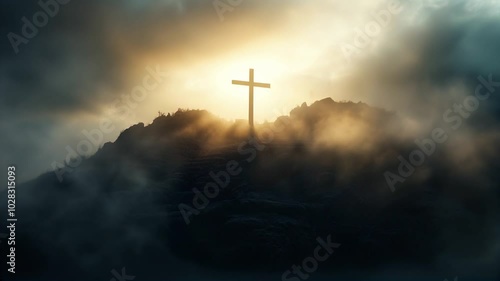 Holy cross representing jesus christ s death and resurrection amidst shining clouds over golgotha