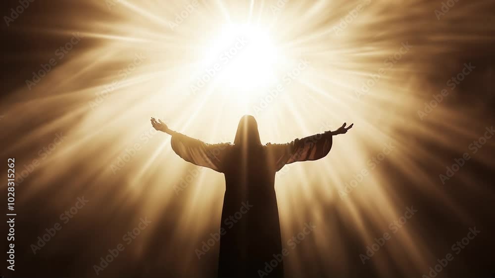 Silhouette of jesus christ surrounded by rays of light symbolizing the  concept of resurrection